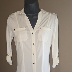 Cache White Tailored Blouse with Roll-Up Sleeves
